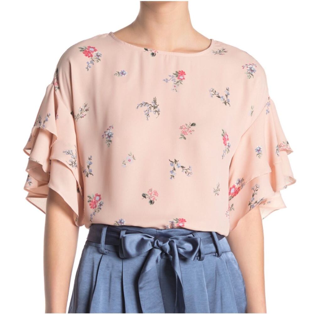 Vince Camuto Floral Tiered Ruffle Sleeve Top, XS